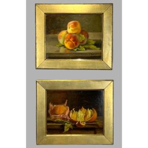 Pair Of Paintings /oils On Cardboard /signed J.guerin "still Life With Fruits