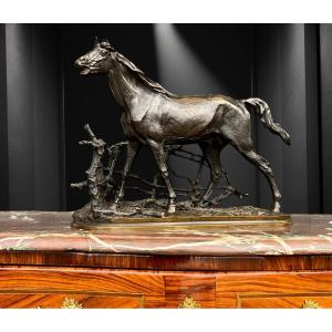 Pierre Jules Mêne Bronze Sculpture "horse At The Barrier Djinn Stallion Beard
