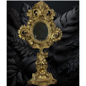 Reliquaire / Ostensoir XVIIIe En Bois Doré Avec Miroir Au Mercure De 49 Cm De H