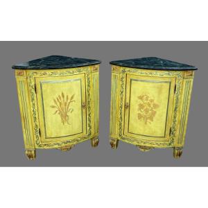 Pair Of Corner Cabinets With Rounded Front Opening Through A Lacquered Wood Door