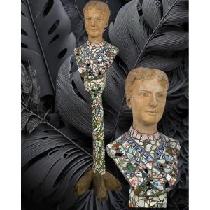 Column Bust Covered With Shards Of Mosaic In Spades “female Head” Plates