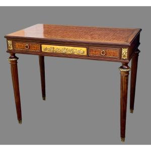 19th Century Louis XVI Style Flat Desk In Cube Marquetry Decorated With Gilt Bronze