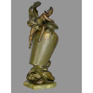 Art Nouveau Vase In Patinated Metal Signed By Anton Nelson (1880 -1910) On Base