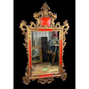 Grand Miroir Ancien En Bois Sculpté Peint Et Doré Style Italien XVIIIe