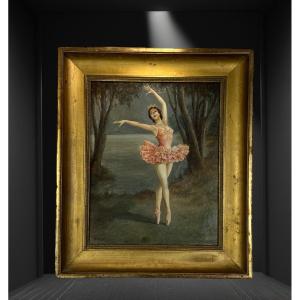 Tableau Des Annees Art Deco / Huile Sur Toile Representant Une Danseuse d'Opera