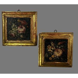 Pair Of 18th Century Paintings / Oils On Wooden Panels Representing Flowers