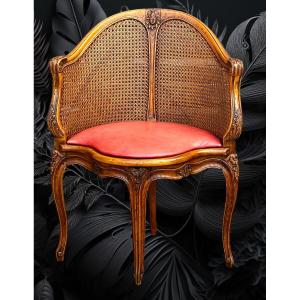 19th Century Mazarin Office Armchair In Carved And Caned Walnut And Leather Pad