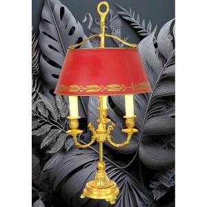 19th Century Bouillotte Lamp With 3 Lights In Gilt Bronze And Sheet Metal Lampshade