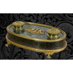 Double Empire Period Inkwell In Gilt And Blackened Bronze And Verde Antico Marble