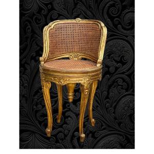 Curved Rotating Seat In Golden Wood And Cannage From The 19th Century In Louis XV Style