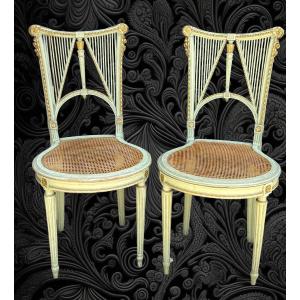Pair Of Wooden Chairs From The 1900s Painted Green And Gold Louis XVI Style