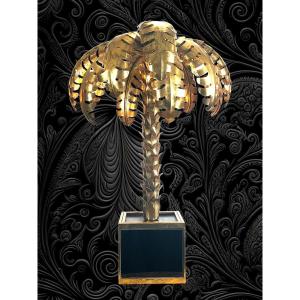 Palm Tree Lamp In Golden Metal With Glass Plate Base 1970s Style