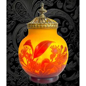 Emile Gallé Night Light In Acid Etched Glass Paste With Fuschia Decor