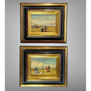 Pair Of Paintings "animated Beach Scene" Oils Signed Nelly Trumel 1938
