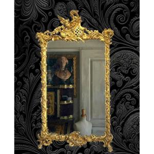 Miroir Du XIXe En Bois Et Stuc Doré De Style Louis XV ( Fronton Avec Un Oiseau )