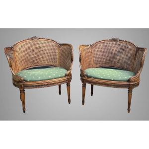 Pair Of Large And Wide Walnut Cane Armchairs From The 19th Century In Louis XVI Style