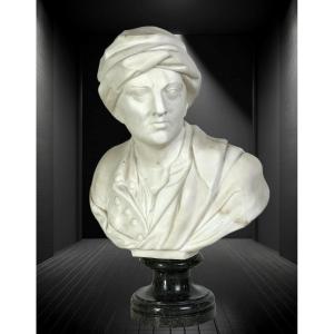 Antique Carved White Marble Bust Mounted On Black Marble Base