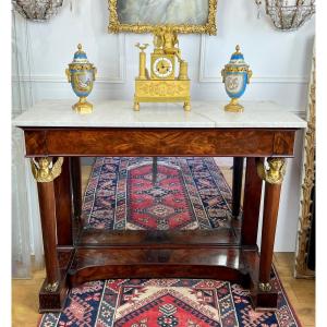 CONSOLE EPOQUE EMPIRE EN PLACAGE D ACAJOU ET BRONZE DORÉ AVEC DESSUS MARBRE