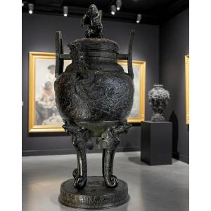 Large 90 Cm Vase In Sculpted Patinated Bronze Meiji Period Japan 19th Century (1890)