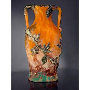 DAUM NANCY / VASE EN PÂTE DE VERRE ORANGÉ A DÉCOR DE FEUILLAGE de 17CM DE HAUT