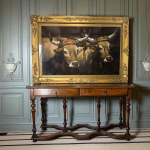 GRAND TABLEAU / PEINTURE SUR TISSU DANS UN CADRE EN BOIS DORÉ " LES VACHES "
