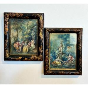 Pair Of Watercolors Enhanced With Gouache "genre Scenes In The Style Of Fragonard"