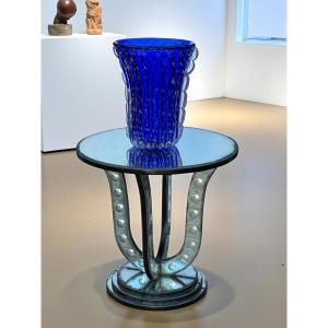 TABLE / GUÉRIDON EN VERRE VIEILLI A DÉCOR DE BULLES DES ANNÉES 70