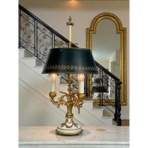 LAMPE BOUILLOTTE XIXe EN MARBRE ET BRONZE DORÉ DE STYLE LOUIS XVI A 3 LUMIERES