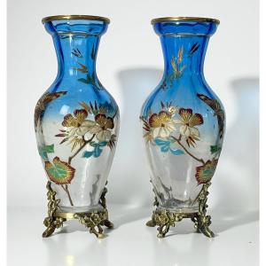 Pair Of Enameled Glass Vases With Floral And Butterfly Decoration / Bronze Mount