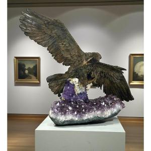 Bronze Sculpture On A Base Adorned With Amethysts Depicting An Eagle Hunting