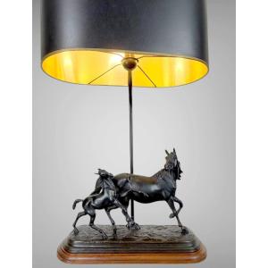 Large Lamp Depicting A Mare And Her Foal, Signed émile Loiseau