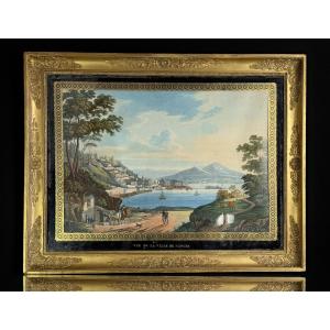 GRANDE  GOUACHE NAPOLITAINE DU XIXe REPRESENTANT LA VUE DE LA VILLE DE NAPLES