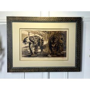 Paul JOUVE (1878-1973) LITHOGRAPHIE ORIGINALE SIGNÉE EN COULEUR " DEUX JAGUARS