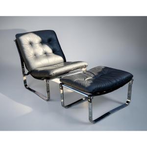 CHAUFFEUSE ET SON OTTOMAN EN CUIR DE ICO PARISI POUR MIM ROMA ITALIE DES ANNÉES 60