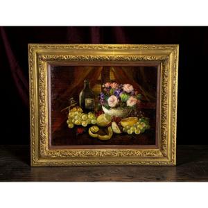 HUILE SUR PANNEAU SIGNÉE ET  ENCADRÉE REPRÉSENTANT UNE NATURE MORTE A LA COCCINELLE