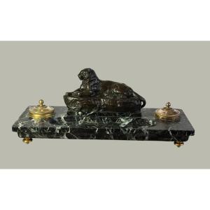 Inkwell With Indian Panther, Signed Barye And Founder F. Barbedienne In Paris 