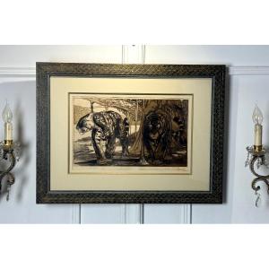 Paul JOUVE (1878-1973) LITHOGRAPHIE ORIGINALE SIGNÉE EN COULEUR " DEUX JAGUARS