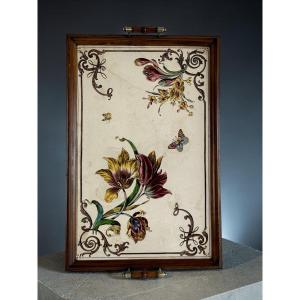 Art Nouveau Serving Tray With Floral Decorated Earthenware Panel