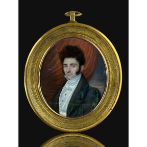 Portrait Of A Man Painted On Ivory / Empire Period In Gilt Bronze Frame