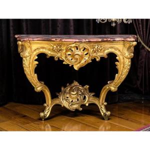 19th Century Console In Gilded And Sculptted Wood With A Veined Red Marble Top