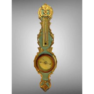BAROMÈTRE XVIIIe ÉPOQUE LOUIS XVI EN BOIS LAQUÉ VERT ET DORÉ SIGNÉ PARGILARD