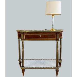 CONSOLE EPOQUE LOUIS XVI EN ACAJOU AVEC DESSUS MARBRE BLANC ET TIROIR CENTRAL