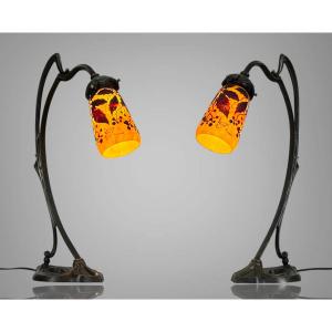 PAIRE DE LAMPES " DAUM NANCY " TULIPES SIGNÉES D' EPOQUE ART NOUVEAU
