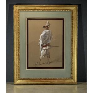 Watercolor Drawing Under Glass Signed By Paul Gavarni 1804/1866 Capitaine Fracasse