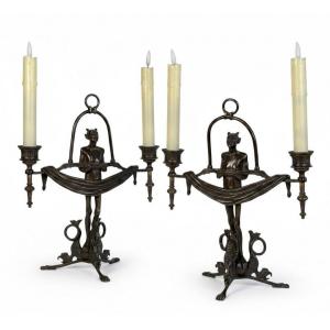 Pair Of Art Deco Period Candles With Diablotins In Painted Bronze Circa 1930