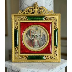 CADRE NAPOLEON III EN BRONZE DORÉ ET EMAUX POLYCHROME , VERS 1870 DE STYLE L XVI