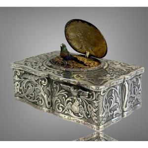 Music Box With A Whistling Bird, Made Of Solid Silver
