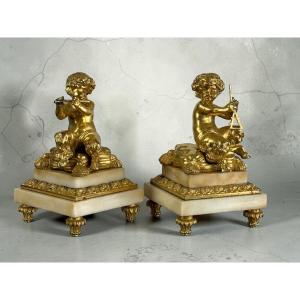 PAIRE DE FAUNES MUSICIENS EN BRONZE DORÉ ET SOCLE EN MARBRE / NAPOLEON II