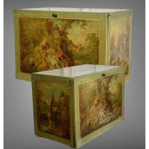 Painted Wooden Box Decorated With Music Trophies, Landscapes, And Romantic Scenes