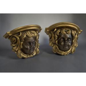 Pair Of 18th-century Side Tables With Cherub Heads, Carved Wood, Baroque Style